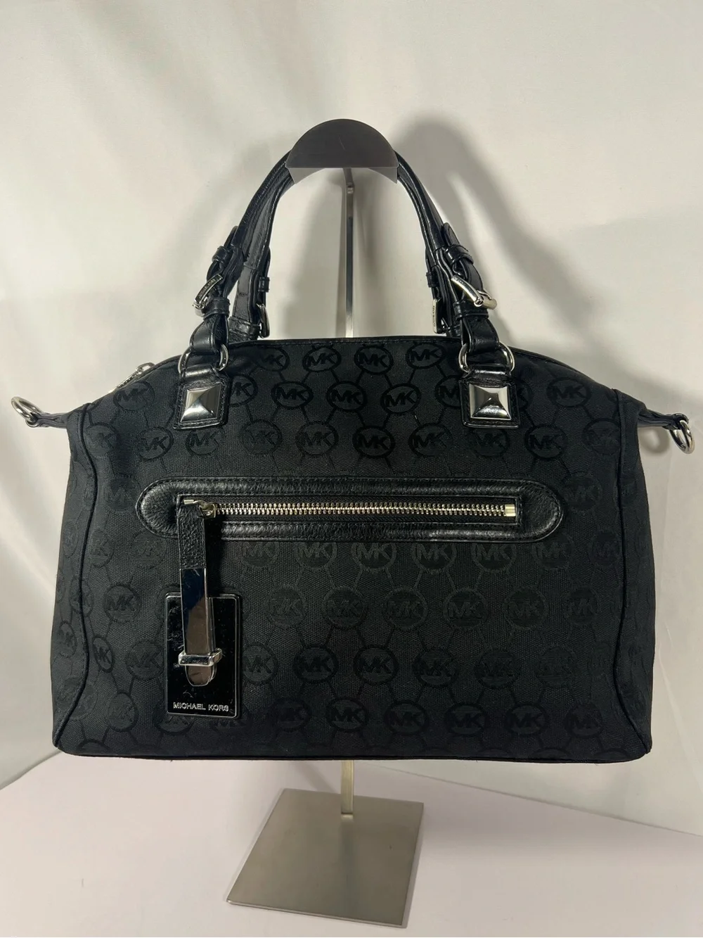 4279: Michael Kors Black Logo Jacquard Satchel Silver Hardware